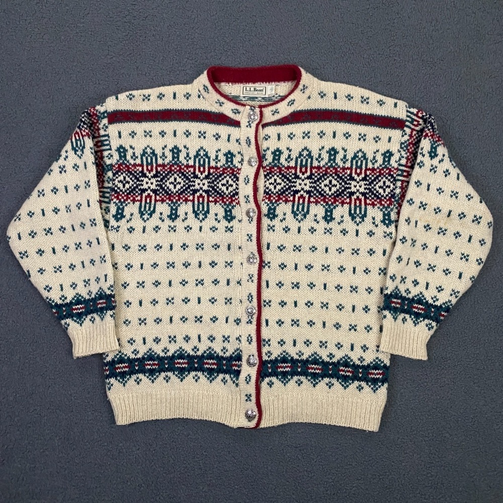 Vintage LL Bean Sweater Womens Large Fair Isle Nordic Cardigan Wool USA Made - Picture 2 of 12